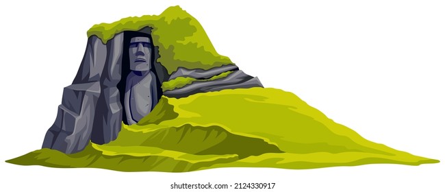 Moai on Easter island or Rapa Nui in cave. Isolated vector cartoon stone sculptures on mountain. Set ancient statue civilizations of atlantis and lemuria.