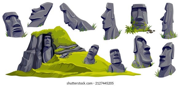 Moai en la isla de Pascua en la cueva. Esculturas de piedra de caricatura vectorial aisladas en la montaña. Establecer antiguas civilizaciones de estatua de atlantis y lemuria.