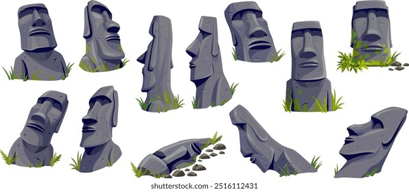 Moai en la isla de Pascua en la cueva. Esculturas de piedra de dibujos animados de Vector aislados en la montaña. Esculturas de cabezas de roca volcánica. Conjunto de estatuas antiguas de civilizaciones de la Atlántida y Lemuria.