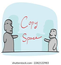 moai pointing on blue copy space illustration vector hand drawn isolated on white background line art.