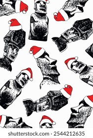 Moai em Santa Claus chapéus em branco, design de papel de parede gráfico, ilustração vetorial	