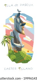 Moai statue in Easter Island on hill. Famous stone sculpture in Chile vector illustration. Travel and tourism tour with ancient mystery rock figures in South America. Architecture in nature.