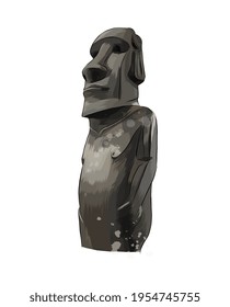 Moai Statue, Easter Island Statue from a splash of watercolor, colored drawing, realistic. Vector illustration of paints