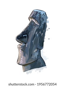 Moai Statue, Easter Island Statue from a splash of watercolor, colored drawing, realistic. Vector illustration of paints