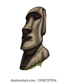 Moai Statue, Easter Island Statue from a splash of watercolor, colored drawing, realistic. Vector illustration of paints