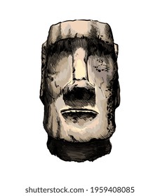 Moai Statue, Easter Island Statue from a splash of watercolor, colored drawing, realistic. Vector illustration of paints