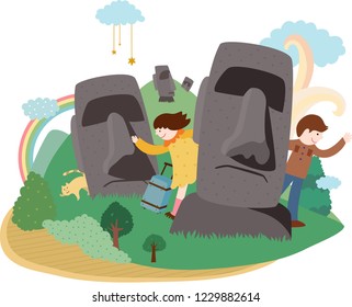 Moai Statues And Children