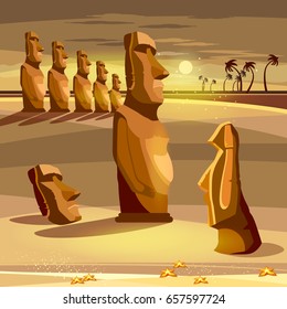 Moai statues of Easter island landscape Polynesia. Stone idols. Tourism and vacation tropical Easter island background 