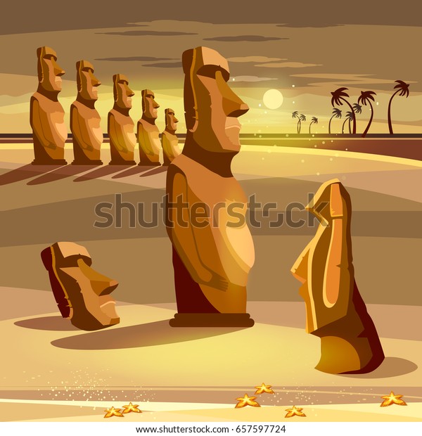 Moai\
statues of Easter island landscape Polynesia. Stone idols. Tourism\
and vacation tropical Easter island background\
