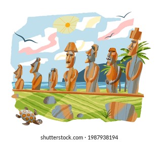 Moai statues in Easter Island in row. Famous stone sculptures in Chile vector illustration. Travel and tourism tour with ancient mystery rock figures in South America. Architecture in nature.