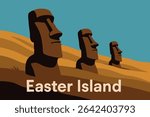 The Moai statues on Easter Island stand mysteriously against the backdrop of a vibrant sunset, their stone faces gazing toward the horizon. 