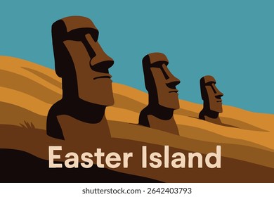 The Moai statues on Easter Island stand mysteriously against the backdrop of a vibrant sunset, their stone faces gazing toward the horizon. 