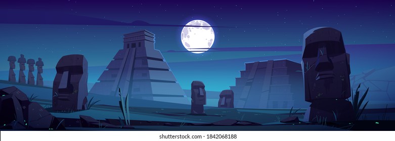 Moai-Statuen und Pyramiden in der Nacht, Republik Chile reisen berühmte Wahrzeichen Stein Köpfe unter Vollmond auf Osterinsel oder Rapa Nui, Südamerika archäologische Monument-Cartoon Vektorgrafik