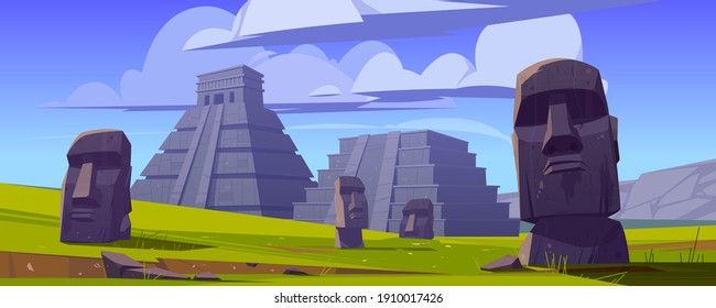 Moai statues and pyramids, republic of Chile travel famous landmarks stone heads on green field of Easter Island or Rapa Nui, symbol of South America archaeology monument cartoon vector illustration