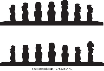 Moai statues silhouette row stone figures Easter island white background