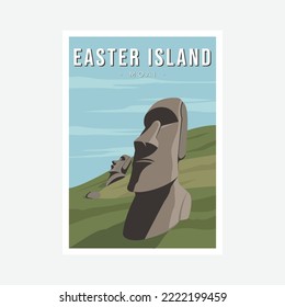 Moai vector poster, stone monolithic statues on Easter Island in the Pacific Ocean.