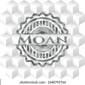 Moan retro style grey emblem with geometric cube white background