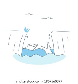 Moat Or Ravine With Hungry Crocodiles. The Metaphor Of Problem, Hidden Danger, And Threats. Thin Line Vector Illustration On White.