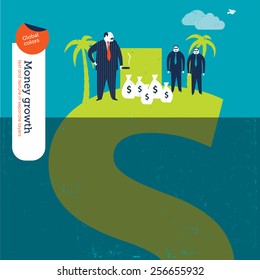 Mob boss on a money island with money and body guards. Vector illustration Eps10 file. Global colors. Text and Texture in separate layers.
