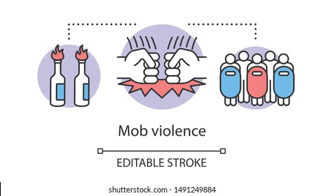 Mob violence concept icon. Civil unrest, vandalism, rebelion control idea thin line illustration. Molotov cocktails, fists and riot police with shields vector isolated outline drawing. Editable stroke