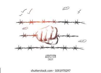 Mobbing concept. Hand drawn hand holds a barbed wire. Concept of hopelessness and addiction isolated vector illustration.