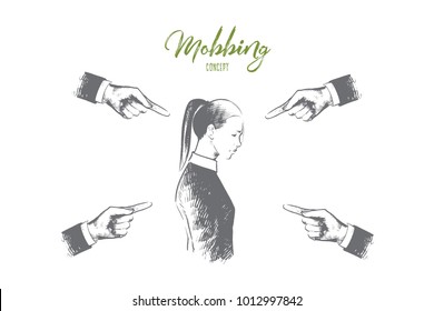 Mobbing Concept. Hand Drawn Many Hands Pointing On Woman. Person Is Suffering Mobbing In Workplace Isolated Vector Illustration.