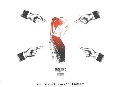 Mobbing Concept. Hand Drawn Many Hands Pointing On Woman. Person Is Suffering Mobbing In Workplace Isolated Vector Illustration.