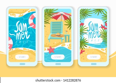 Mobil app pages on the theme of beach holidays cartoon flat items verftical banners set