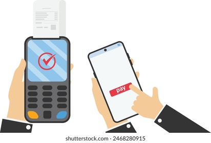 Mobil payment concept. Human hand holds mobile phone, New POS terminal and height technology smartphone with nfc Near-field communication payment completed, approved checkmark.

