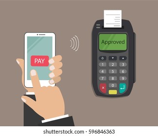Mobil payment concept. Human hand holds mobile phone and pos terminal in the picture. Vector flat illustration.