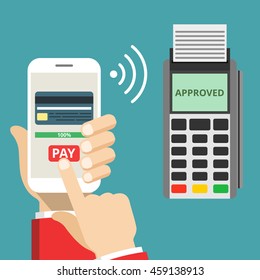 Mobil Payment Via Smartphone. Human Hand Holds Mobile Phone And Tap To Pay Fees Wireless Via Nfc. Vector Flat Illustration.