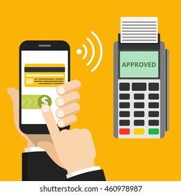 Mobil payment via smartphone. Human hand holds mobile phone and tap to pay fees wireless via nfc. Vector flat illustration.