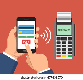 Mobil Payment Via Smartphone. Human Hand Holds Mobile Phone And Tap To Pay Fees Wireless Via Nfc. Vector Flat Illustration.