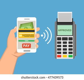 Mobil payment via smartphone. Human hand holds mobile phone and tap to pay fees wireless via nfc. Vector flat illustration.