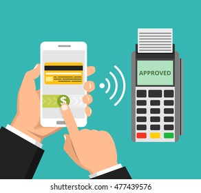 Mobil payment via smartphone. Human hand holds mobile phone and tap to pay fees wireless via nfc. Vector flat illustration.