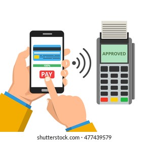 Mobil Payment Via Smartphone. Human Hand Holds Mobile Phone And Tap To Pay Fees Wireless Via Nfc. Vector Flat Illustration.