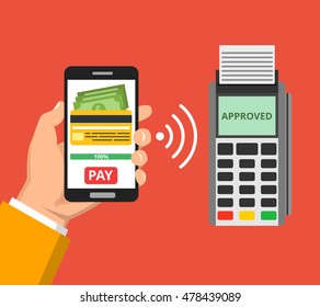 Mobil payment via smartphone. Human hand holds mobile phone and tap to pay fees wireless via nfc. Vector flat illustration.