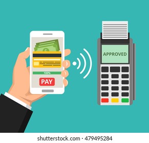 Mobil payment via smartphone. Human hand holds mobile phone and tap to pay fees wireless via nfc. Vector flat illustration.