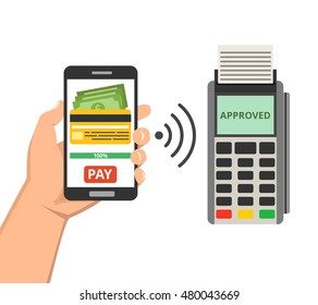 Mobil payment via smartphone. Human hand holds mobile phone and tap to pay fees wireless via nfc. Vector flat illustration.