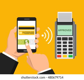 Mobil payment via smartphone. Human hand holds mobile phone and tap to pay fees wireless via nfc. Vector flat illustration.