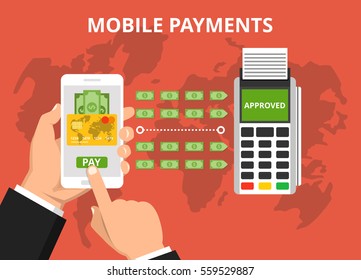 Mobil payment via smartphone. Human hand holds mobile phone and tap to pay fees wireless via nfc. World map on the background. Vector flat illustration.