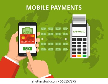 Mobil payment via smartphone. Human hand holds mobile phone and tap to pay fees wireless via nfc. World map on the background. Vector flat illustration.