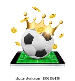 Mobil phone with soccer ball, gold crown and falling coins on a white background. Online sports betting. Vector illustration.