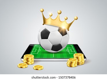 Mobil phone with soccer ball, gold crown and coins on a light background. Online sports betting. Vector illustration.