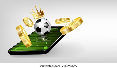 Mobil phone and soccer ball  gold crown   falling coins white background  Online sports betting  Vector illustration 