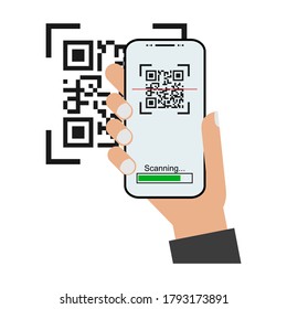Mobil scan flat icon with hand isolated on white background. QR code reader vector illustration