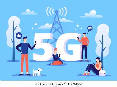 Conexión móvil 5g. Las personas con smartphones usan internet de alta velocidad, red de quinta generación e ilustración de la zona de cobertura vectorial