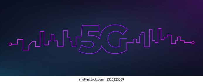 Mobile 5G network technology symbol. Vector mobile wireless technology with buildings silhouette on abstract black blue gradient background.