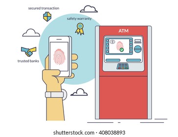 Mobile access to ATM via smartphone using fingerprint identification. Flat line contour illustration of payment via smartphone app