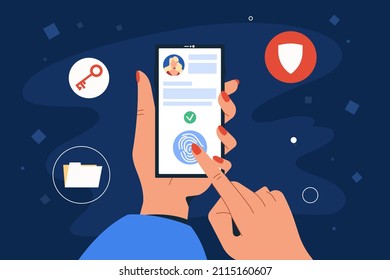 Mobile access control by fingerprint for identification. Human forefinger touch on screen of smartphone to scanning. Online security concept. Personal data protection with biometric technology.
